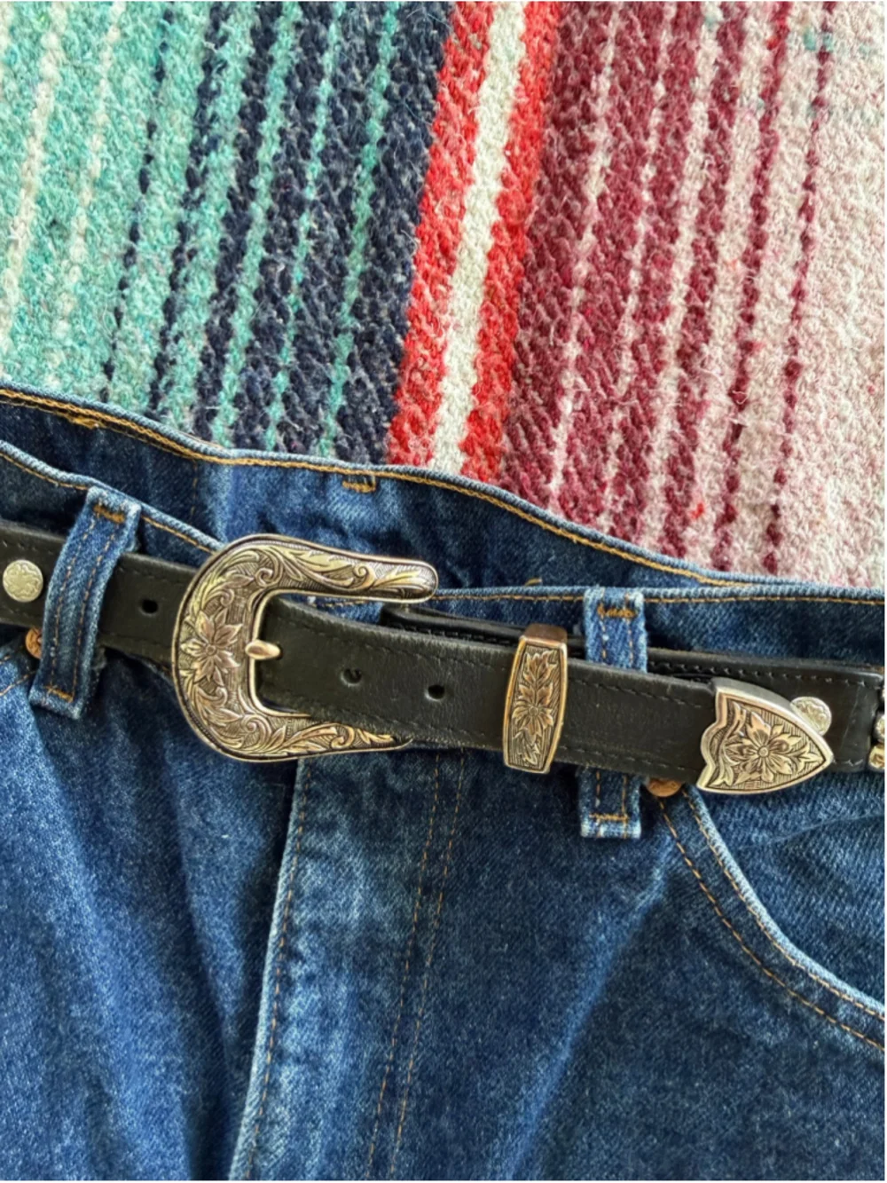 Vintage Cactus Mountain 3 Strand Beaded Black Leather Western Belt 34